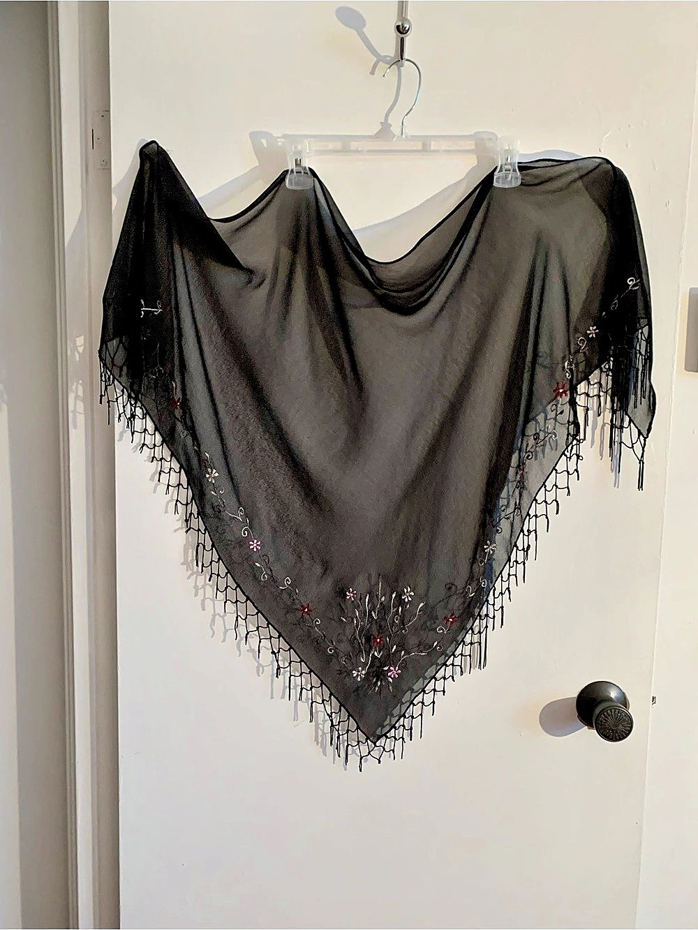 Women's Black Floral Embroidered Fringe triangular scarf / shawl in chiffon